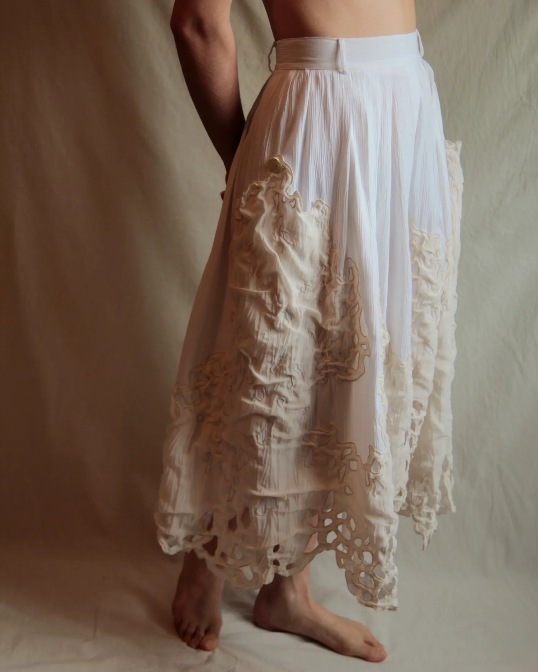 Upcycling clothing - white long skirt with hand embroidery